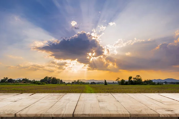 Reisfeld Sonnenuntergang Und Leerer Holztisch Für Produktpräsentation Und Montage — Stockfoto