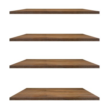 4 Ahşap raf tablo beyaz arkaplan izole ve ürün için montaj.