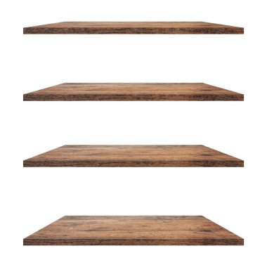 4 Ahşap raf tablo beyaz arkaplan izole ve ürün için montaj.