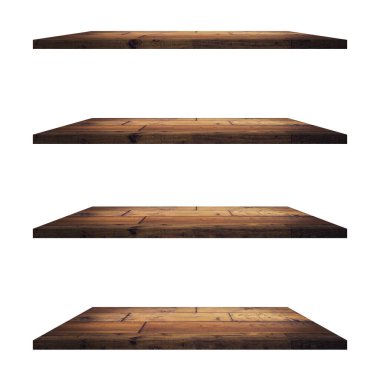 4 Ahşap raf tablo beyaz arkaplan izole ve ürün için montaj.