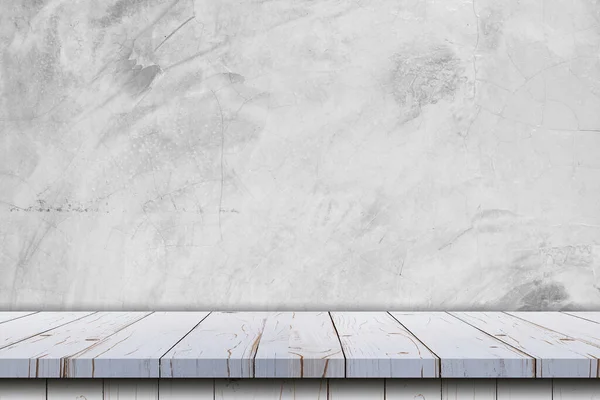 空の白い木製のテーブルとコンクリート壁の質感と背景 — ストック写真