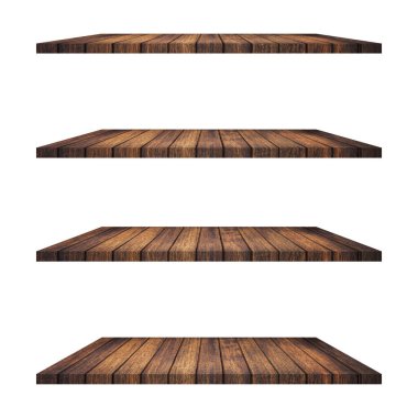 4 Ahşap raf tablo beyaz arkaplan izole ve ürün için montaj.