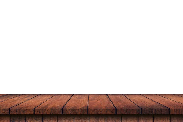 Mesa Madera Vacía Sobre Fondo Blanco Aislado Montaje Pantalla Con — Foto de Stock