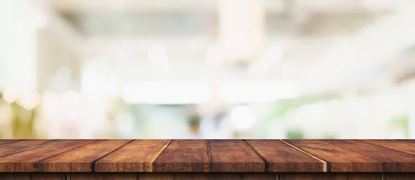 Mesa Madera Vacía Mesa Luz Borrosa Centro Comercial Con Fondo — Foto de Stock