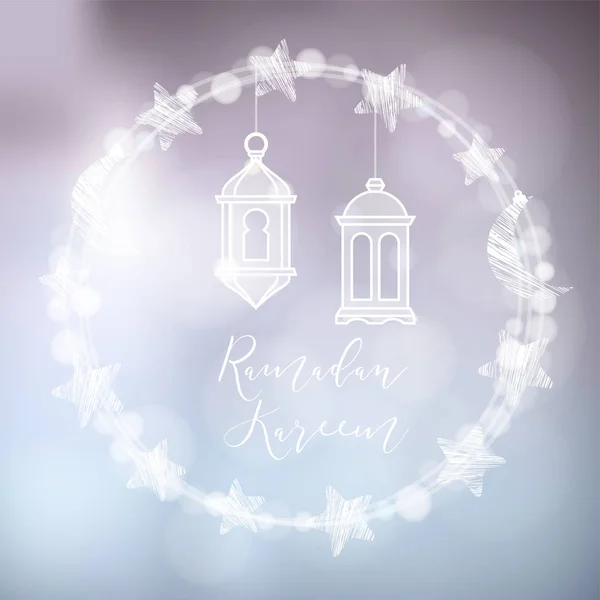 Krans van bokeh lichten ingericht door maan, sterren en hangende Arabische lantaarns. Feestelijke decoratie, vector illustratie achtergrond. Blauwe wenskaart, uitnodiging voor islamitische heilige maand Ramadan Kareem — Stockvector