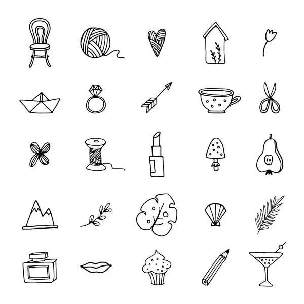 Hand getekend set van vrouwelijke doodle lijn pictogrammen. Lifestyle, bloemen, eten en drinken schets symbolen. Geïsoleerde vectorobjecten. — Stockvector