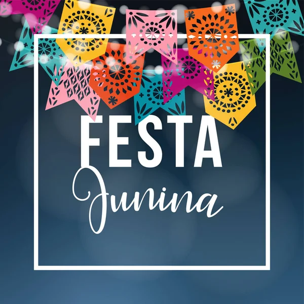 Braziliaanse juni partij, midzomer feest of zomer tuinfeest. Vector afbeelding achtergrond met slinger van kleurrijke gesneden papieren leeuwenvlaggetjes. — Stockvector