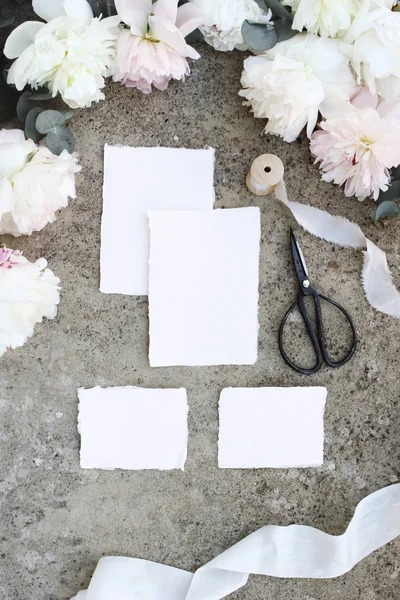 Feminine vertikal pernikahan, ulang tahun pura-pura adegan. Kartu ucapan kertas kosong, Eucalyptus, bunga peony, gunting vintage dan pita sutra. Latar belakang beton. Letak datar, tilikan atas — Stok Gambar Feminine vertikal pernikahan, ulang tahun pura-pura adegan. Kartu ucapan kertas kosong, Eucalyptus, bunga peony, gunting vintage dan pita sutra. Latar belakang beton. Letak datar, tilikan atas Stok Gambar
