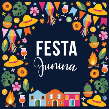 Festa junina, Brezilyalı Haziran parti. Tebrik kartı, davet. Latin Amerika tatil. Garland bayrakları, yangın, hasır şapkalar, yıldız, Mısır, monstera ve ayçiçeği ile vektör çizim arka plan.