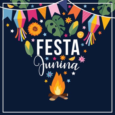 Festa junina, Brezilyalı Haziran parti. Tebrik kartı, davet. Latin Amerika tatil. Garland kiraz kuşu bayrakları, yangın, yıldız, Mısır, monstera yaprakları ve ayçiçeği ile vektör çizim arka plan