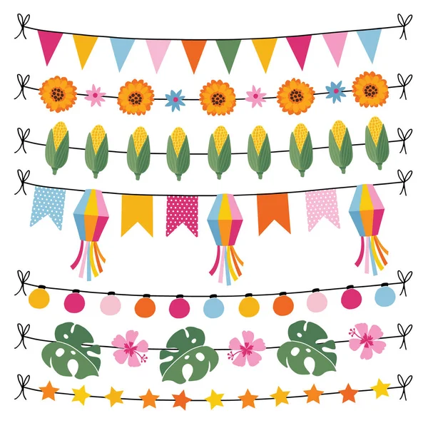 Set of tropical summer garlands. String of lights, bunting flags, corn, monstera leaves and hibiscus flowers. Garden party or Brazilian June party, Festa Junina, decorations. Isolated vector borders. — Stock Vector