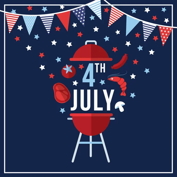 Lycklig självständighetsdagen, 4 juli nationell helgdag. Festlig gratulationskort, inbjudan med bunting flaggor dekoration, grill mat symboler och parlam i Usa flagga färger. Vektor illustration bakgrund — Stock vektor