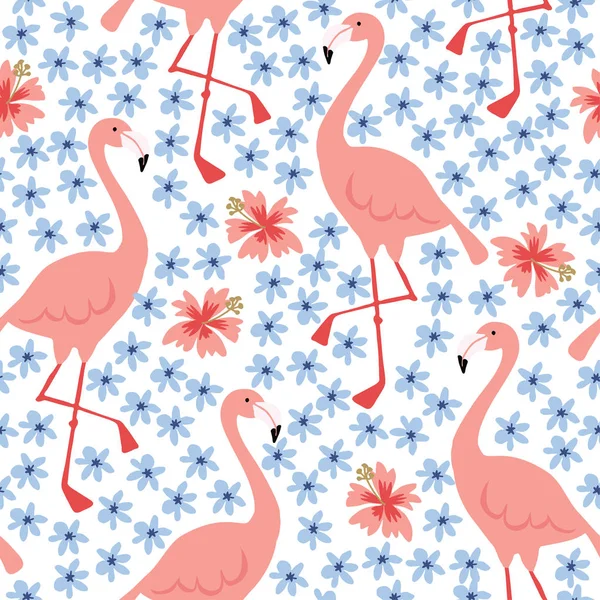Jungle tropicale motif sans couture avec oiseau flamant dessiné à la main et fleurs d'hibiscus. Tissu d'été, motif plat floral. Illustration vectorielle arrière plan . — Image vectorielle