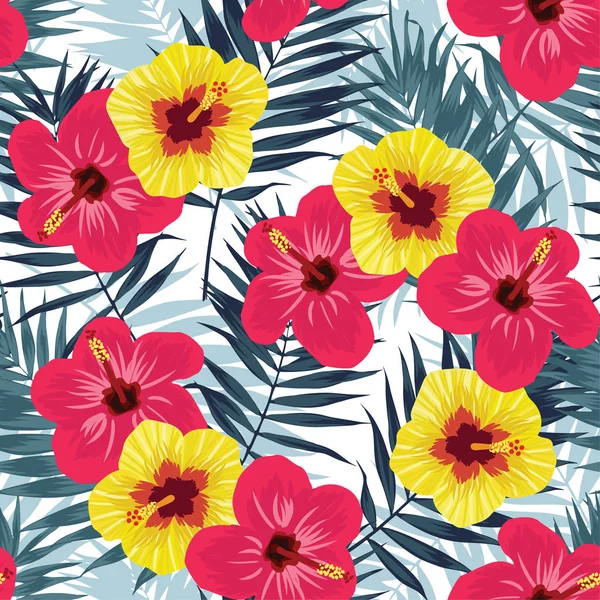 열 대 정글 팜 잎과 히 비 스커 스 꽃으로 완벽 한 패턴입니다. 여름 패브릭 꽃 디자인, 벡터 일러스트 배경. — 스톡 벡터