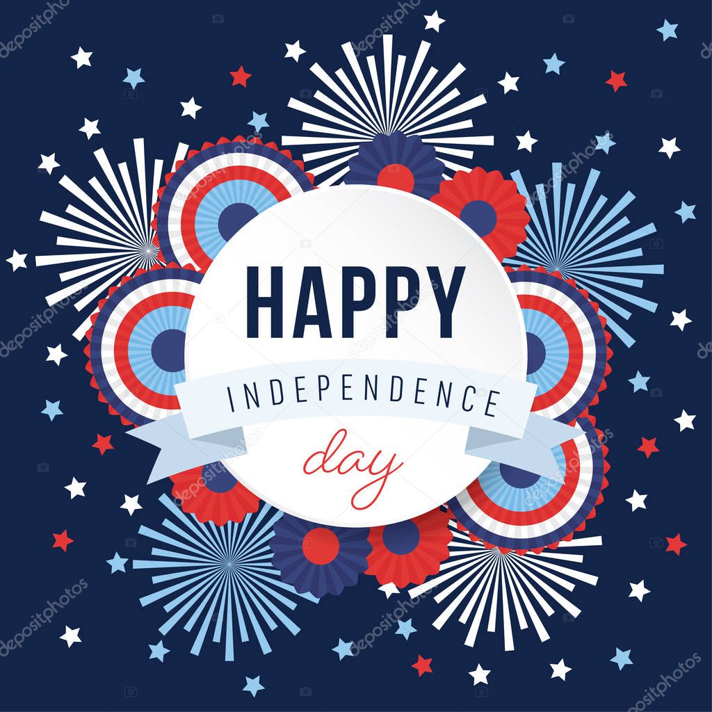 Happy Independence day, 4th July national holiday. Festive greeting card, invitation with fireworks and bunting party decorations in USA flag colors. Vector illustration background, web banner.