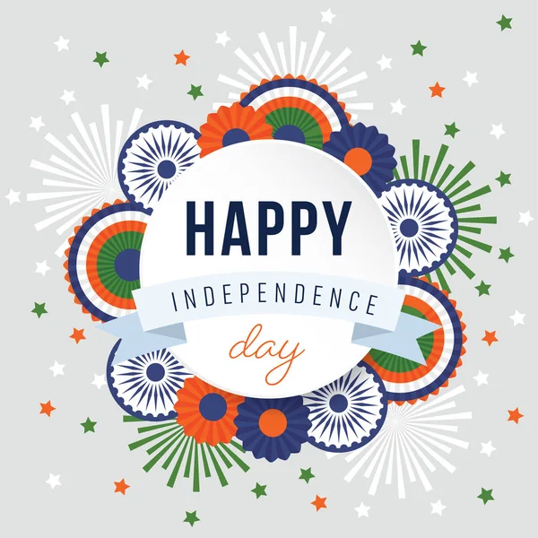 Feliz dia da independência, feriado nacional de 15 de agosto. Cartão festivo, convite com fogos de artifício, rodas e decorações de festa de bunting em cores de bandeira indiana. Fundo de ilustração vetorial . —  Vetores de Stock