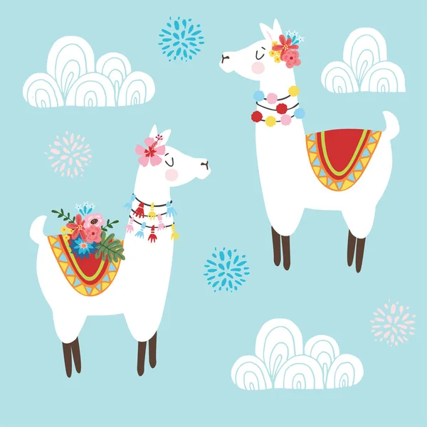 Cute hand drawn lama alpaca or guanaco with ornametal clouds and flowers. Tribal kids South American design. Vector illustration background. — Stock Vector