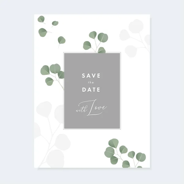 Blumenhochzeitseinladung, Grußkarte mit grünen, silbernen Eukalyptusblättern auf weißem Hintergrund. einfaches botanisches Design, Vintage-Vektorillustration, Broschürenvorlage. — Stockvektor