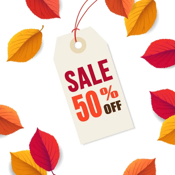 Autumn sale 50 off, tag template. Falling bright colorful leaves isolated on white background. Poster, card, label, web banner. Seasonal Thanksgiving design. Vector illustration background. — Stock Vector