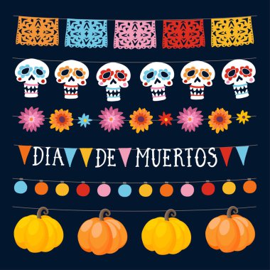 Dia de los Muertos, Meksikalı ÖIüler günü dizi ışıklar, kiraz kuşu bayrakları, süs kafatasları ve kabaklar çelenk. Halloween parti süslemeleri topluluğu. İzole vektör nesneleri.