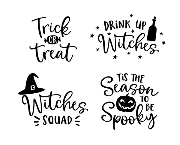 Conjunto de frases de Halloween con letra. Spooky auumn cita con sombrero de brujas y silueta de calabaza de miedo. Letras de fiesta, caligrafía. Otoño vector ilustraciones . — Vector de stock