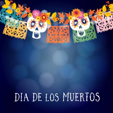 Dia de los muertos, Meksikalı ÖIüler günü ya da Cadılar Bayramı kartı, ışıklar, numara ve el yapımı kesilmiş kağıt bayrakları garland ile davet. Parti süsleme, sonbahar yaprakları ve çiçekler. Vektör çizim.