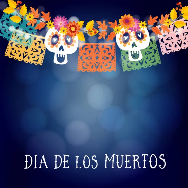 Dia de los muertos, tarjeta mexicana del Día de los Muertos o Halloween, invitación con guirnalda de luces, sculls y banderas de papel cortadas a mano. Decoración de la fiesta, hojas de otoño y flores. Ilustración vectorial . — Archivo Imágenes Vectoriales