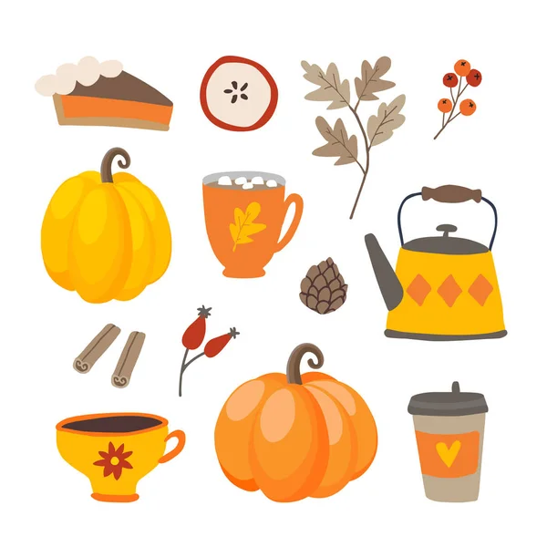 Set of cute cartoon Thanksgiving day icons with pumpkins, pie, coffee, cinnamon spice and oak leaves. Fall season designs. Autumn sticker collection. Isolated vector scrapbooking illustrations. — Stock Vector