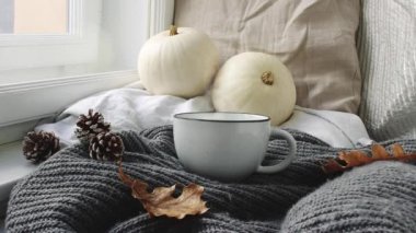 Sonbahar sabah rahat kahvaltı yatak sahnesinde. Dumanı tüten bir fincan sıcak kahve, çay ayakta pencere yakınındaki. Sonbahar, Şükran günü kavramı. Beyaz pumpkins, çam kozalakları ve yün şal üzerinde meşe yaprağı. Loopable.