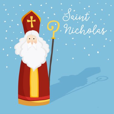 Gönye, pastoral personel ve düşen kar ile şirin tebrik kartı ile Aziz Nicholas'ım. Avrupa kış geleneği. El-Aydın metin. Düz tasarım, vektör çizim.