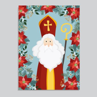 Saint Nicholas yağan kar ile şirin tebrik kartı. Dekoratif kış Atatürk çiçeği, okaliptüs, holly ve Noel köknar ağacı çerçeve çiçek dalları. Düz tasarım, vektör çizim.