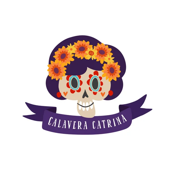 Απόκριες, το Dia de los Muertos ευχετήρια κάρτα. Μεξικανική ημέρα νεκρός πρόσκληση. Διακοσμητική κορδέλα, κρανίο ζάχαρη, calavera catrina και Κατιφές λουλούδια. Απομονωμένες διάνυσμα φόντο εικόνα. — Διανυσματικό Αρχείο