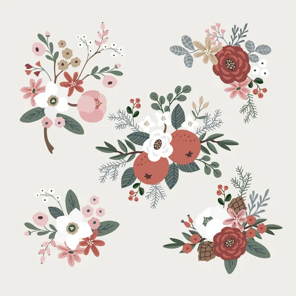 Set of hand drawn winter bouquets made of evergreen branches, leaves, berries, fruit and flowers. Christmas floral composition. Isolated vector objects. — Stock Vector