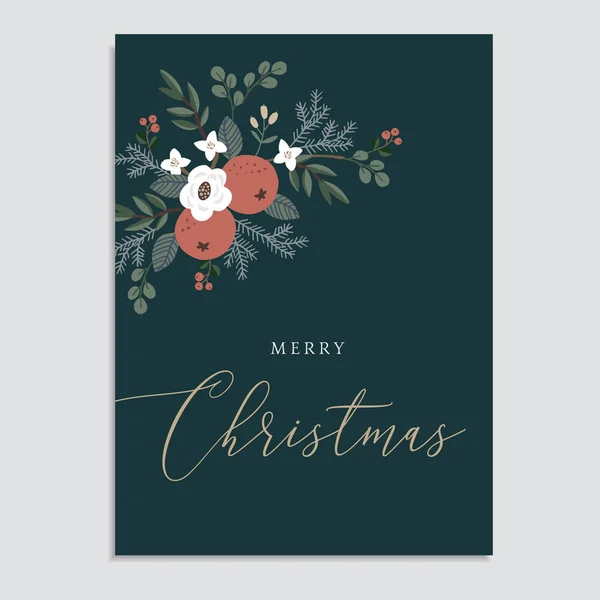Merry Christmas floral greeting card, invitation with orange fruit, eucalyptus leaves, fir tree branches, red berries and white flowers. Festive, elegant design. Classic vector illustration background — Stock Vector