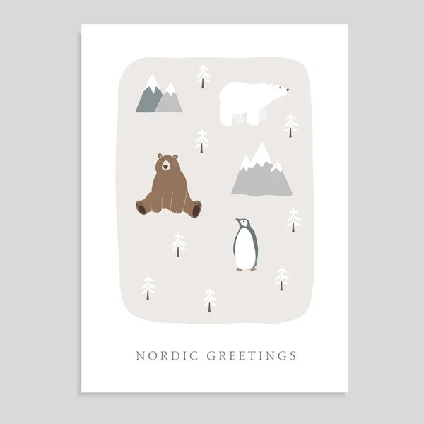 Bonito cartão de felicitações Feliz Natal, convite com urso, urso polar, pinguim, abetos e montanhas. Crianças desenhadas à mão design nórdico. Fundo de ilustração vetorial . —  Vetores de Stock
