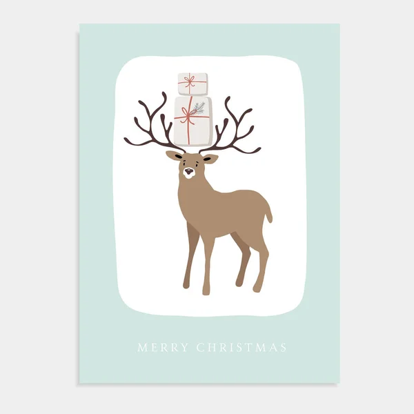 Joyeux Noël carte de voeux mignon, invitation avec des rennes et des boîtes-cadeaux. Design dessiné à la main. Illustration vectorielle arrière plan . — Image vectorielle