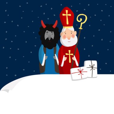 Cute Aziz Nikolaos şeytanla, hediye kutuları ve düşen kar. Noel davetiye, tebrik kartı. Düz tasarım çocuklar. Vektör çizim, boş kağıt ile web banner. Kış arka plan.
