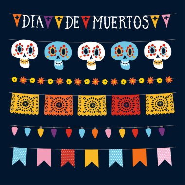 Dia de los Muertos, Meksikalı ÖIüler günü dizi ışıkları, kiraz kuşu bayrakları, pasoyu picado ve süs kafatasları ile çelenk. Halloween parti süslemeleri topluluğu. İzole vektör nesneleri.