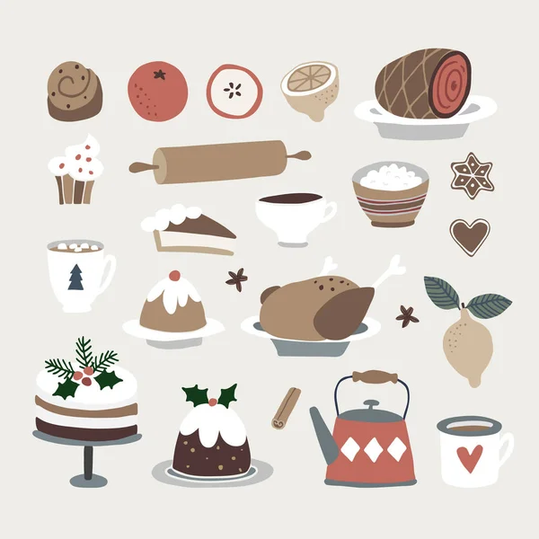 Set de lindos iconos de comida y bebida navideña. Pavo asado, pastel de Navidad, bollo de canela, café, galletas de jengibre y fruta. Diseño plano vintage. Objetos vectoriales aislados . — Archivo Imágenes Vectoriales