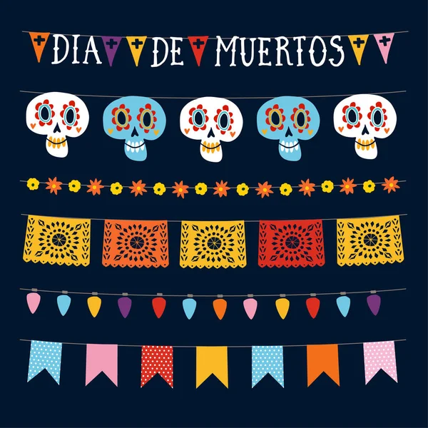 Dia de los muertos, mexikanischer Tag der Totengirlanden mit Lichtern, wehenden Fahnen, Papel Picado und Zierschädeln. Sammlung von Dekorationen für die Halloween-Gartenparty. isolierte Vektorobjekte. — Stockvektor