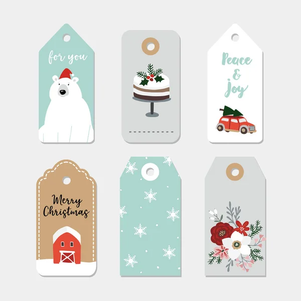Vintage Christmas gift tags set. Hand getekende etiketten met winter bloemen, taart, auto met kerstboom, ijsbeer, sneeuwvlokken en boerderij. Geïsoleerde vector illustratie objecten. — Stockvector