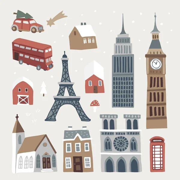 Set of cute winter city, town and village icons. Hand drawn houses, church, Eiffel and Big Ben tower, doubledecker and car. Christmas design. Isolated vector objects, flat design. — Stock Vector
