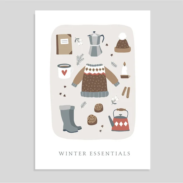 Linda tarjeta de felicitación de Navidad, invitación con comida esencial de invierno e iconos de estilo de vida. Jersey de punto, sombrero, café, bollo de canela y velas. Diseño plano vintage. Objetos vectoriales aislados . — Vector de stock