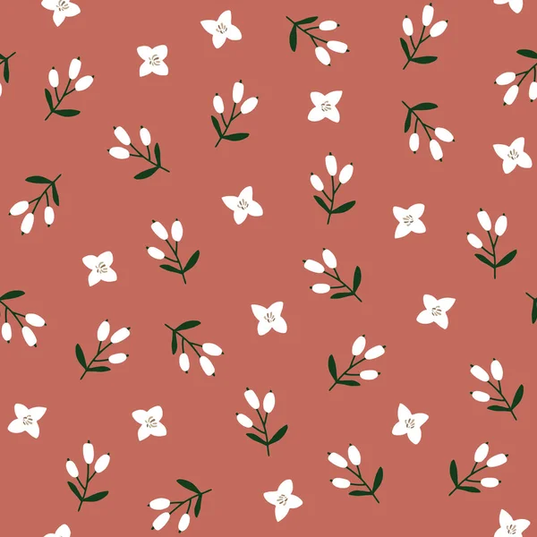 Lindo patrón inconsútil de invierno festivo rojo con flores y bayas blancas a mano. Diseño floral navideño. Fondo de ilustración vectorial . — Vector de stock