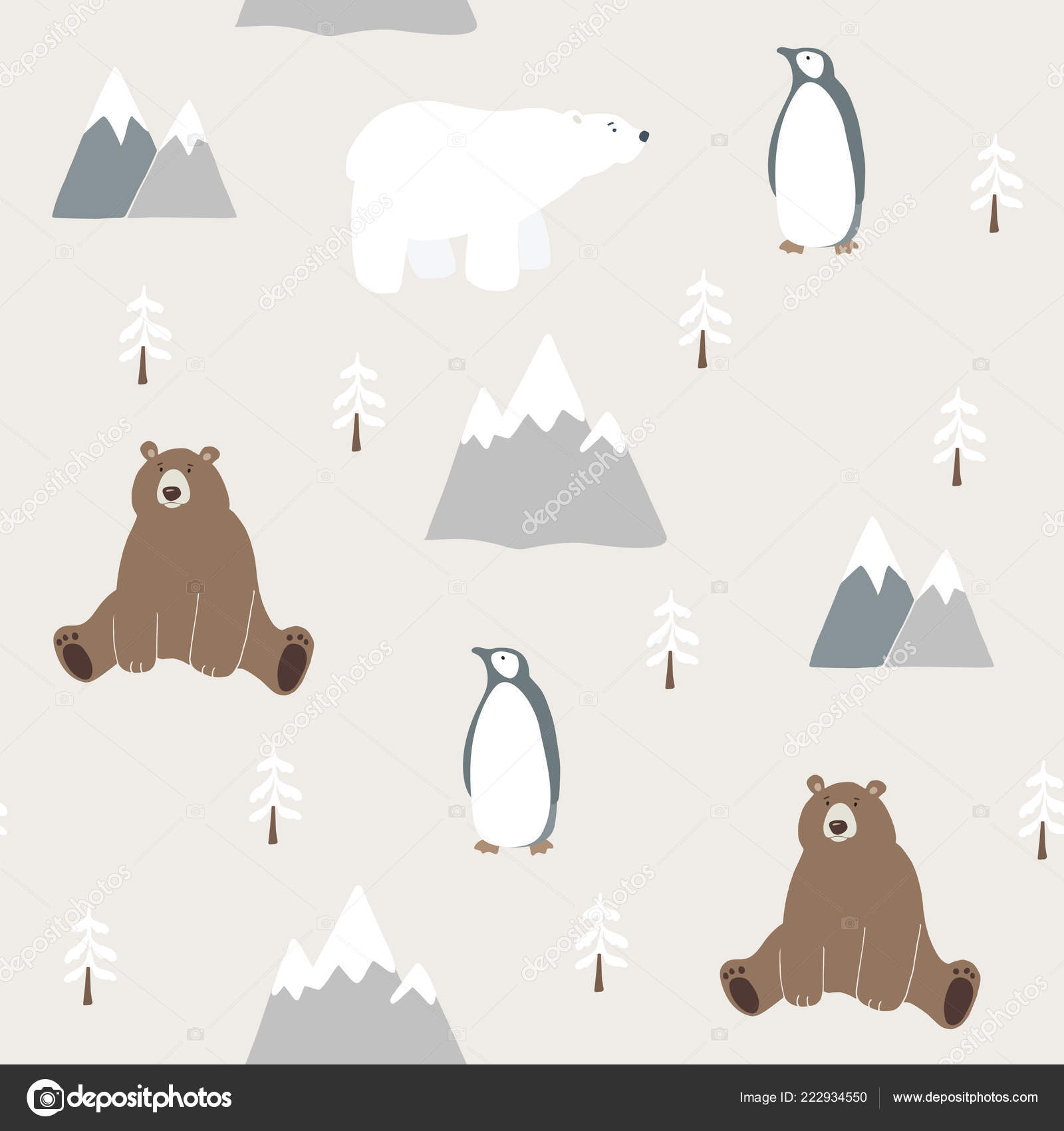 Søtt, sømløst julemønster med bjørn, isbjørn, pingvin, gran og fjell.  Håndtegnede barn, nordisk design. Bakgrunn for vintervektorillustrasjon .  stockvektor © TabitaZn #222934550, image size:1600x1700