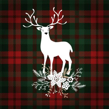 Neşeli Noel tebrik kartı, davet. Geyik hayvan Noel çiçek buketi dekorasyonu ile. Ekose kareli ekose, vektör çizim arka plan.