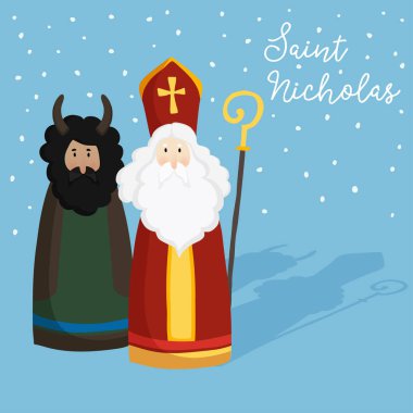 Şeytan, metin ve düşen kar Cute St. Nicholas. Noel davetiye, tebrik kartı. Düz tasarım çocuklar. Kış vektör çizim arka planı, web reklam.