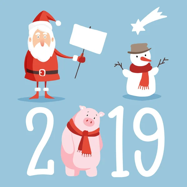 Weihnachten und Neujahr 2019 niedliche Symbole gesetzt. Weihnachtsmann mit Schild, Schneemann und Schwein isolierte Vektorillustrationen. flache Bauweise. — Stockvektor