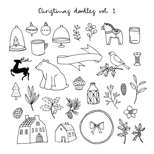 Set de iconos de garabatos navideños. Bocetos negros aislados sobre fondo blanco. Animales, flores, casas e ilustraciones de vectores de estilo de vida . — Vector de stock