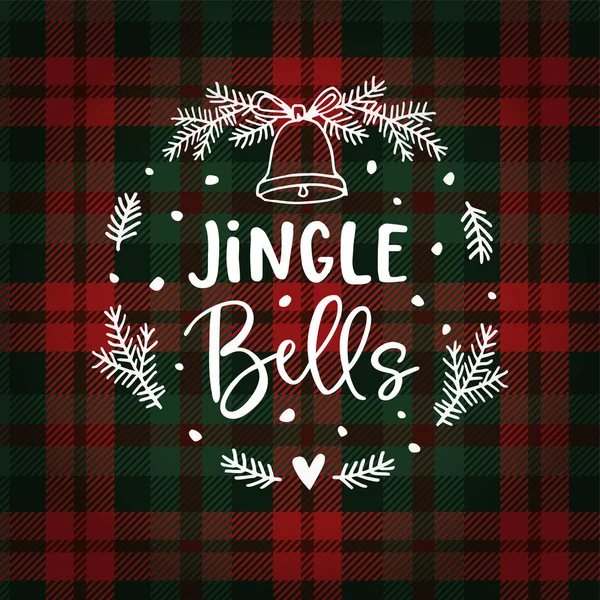 Jingle bells Christmas greeting card, invitation with fir tree wreath, bell and falling snow. Hand lettered white text over tartan checkered plaid. Winter vector calligraphy illustration background. — Stock Vector